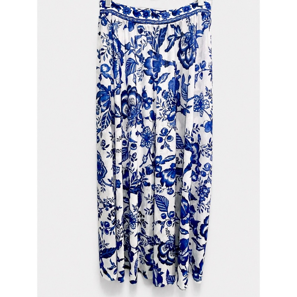 BLOOMCHIC Swim Coverup Skirt Women 14-16 Blue White Floral Sheer Maxi Skirt